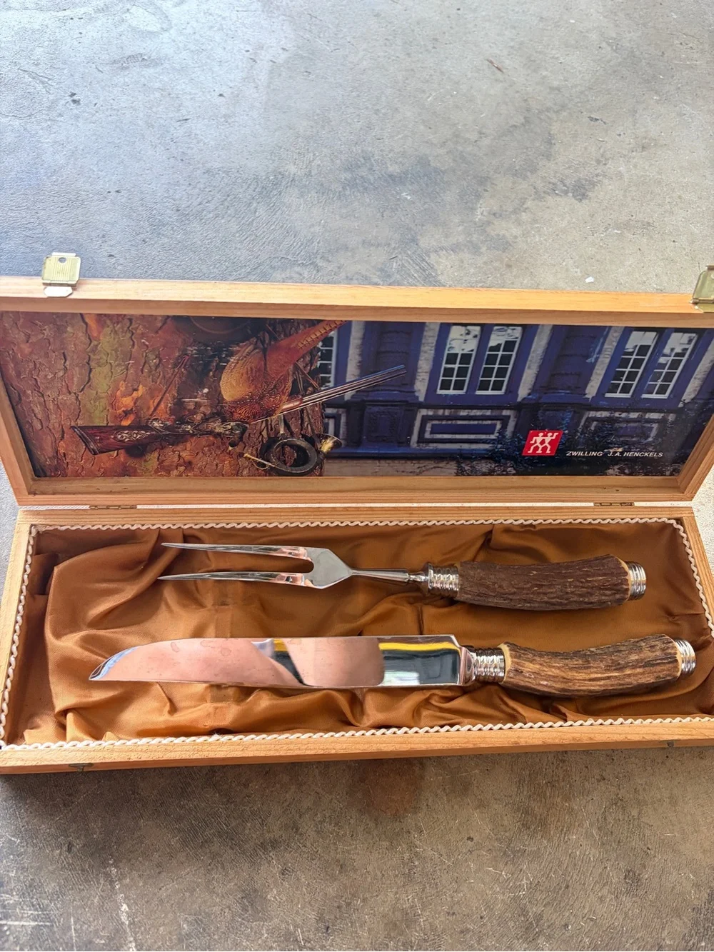 Vintage Zwilling J.A. Henckels Gold Etched Stag Handle Carving Set with Wood Box